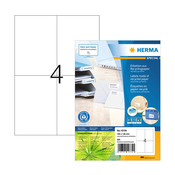 Återvunna adressetiketter A4 | 105 x 148mm | Herma 10734 | vit | 320st 230828 - 1