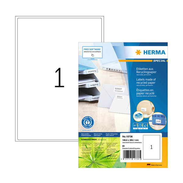 Återvunna adressetiketter A4 | 199,6 x 289,1mm | Herma 10736 | vit | 80st 230831 - 1