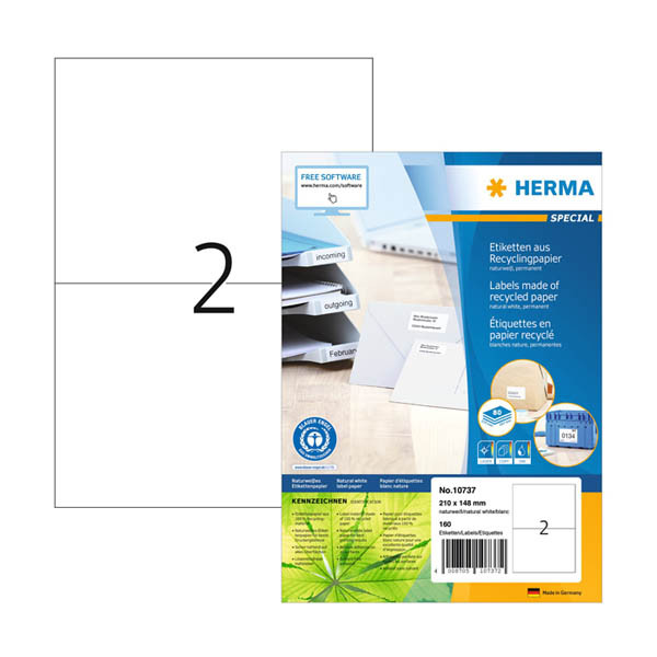 Återvunna adressetiketter A4 | 210 x 148mm | Herma 10737 | vit | 160st 230832 - 1