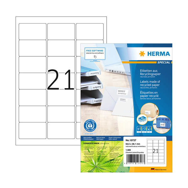 Återvunna adressetiketter A4 | 63,5 x 38,1mm | Herma 10727 | vit | 1.680st 230836 - 1
