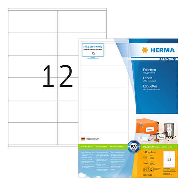 Adressetiketter A4 | 105 x 48mm | Herma Premium 4635 | vit | 2.400st 230566 - 1