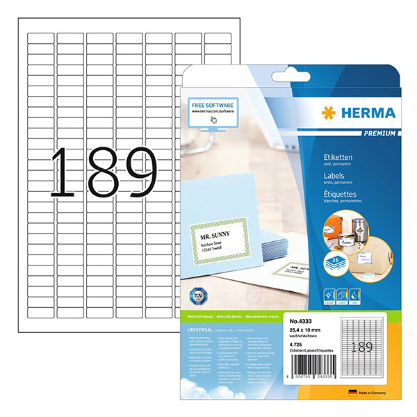 Adressetiketter A4 | 25,4 x 10mm | Herma Premium 4333 | vit | 4.725st 230588 - 1
