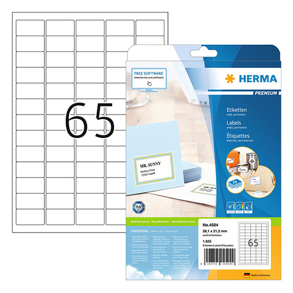 Adressetiketter A4 | 38,1 x 21,2mm | Herma Premium 4504 | vit | 1.625st 230517 - 1