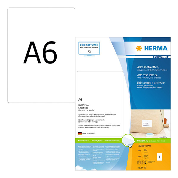 Adressetiketter A6 | 105 x 148mm | Herma Premium 8689 | vit | 800st 230538 - 1