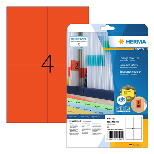 Avtagbara etiketter A4 | 105 x 148mm | Herma 4562 | röd | 80st 230799 - 1