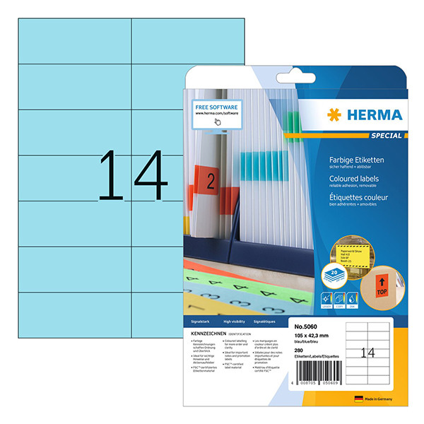 Avtagbara etiketter A4 | 105 x 42,3mm | Herma 5060 | blå | 40st 230768 - 1