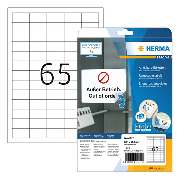 Avtagbara etiketter A4 | 38,1 x 21,2mm | Herma 4212 | vit | 1.625st 230638 - 1