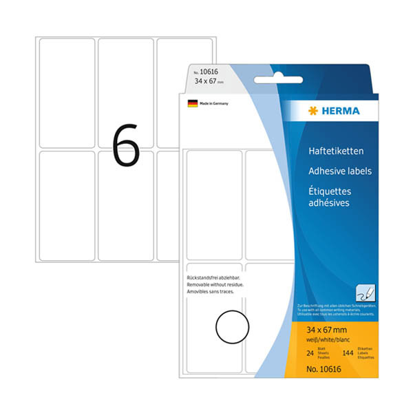 Avtagbara universaletiketter | 34 x 67mm | Herma 10616 | vit | 144st 230812 - 1