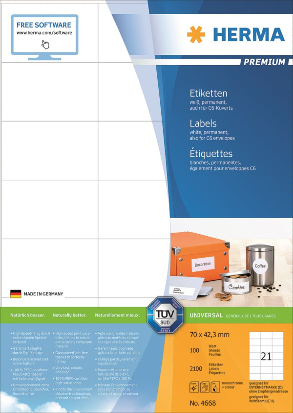 Herma Etiketter | 70 x 42,3mm | Herma Premium 4668 | 2.100st 4668 238469 - 1