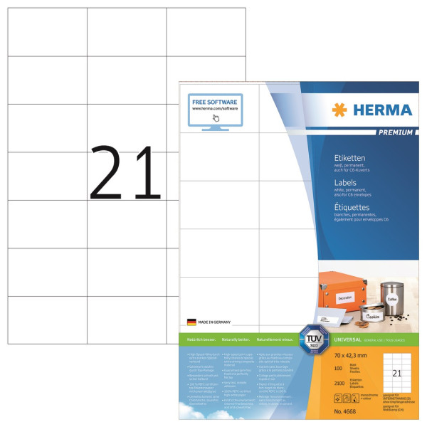 Herma Etiketter | 70 x 42,3mm | Herma Premium 4668 | 2.100st 4668 238469 - 2