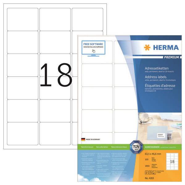Herma Etiketter A4 | 63,5 x 46,6mm | Herma Premium 4265 | 1.800st 4265 238465 - 2