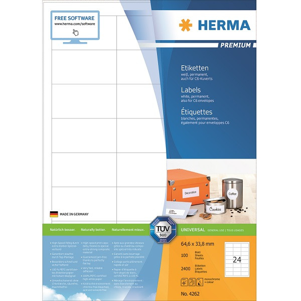 Herma Etiketter A4 | 64,6 x 33,8mm | Herma Premium 4262 | 2.400st 4262 238466 - 1