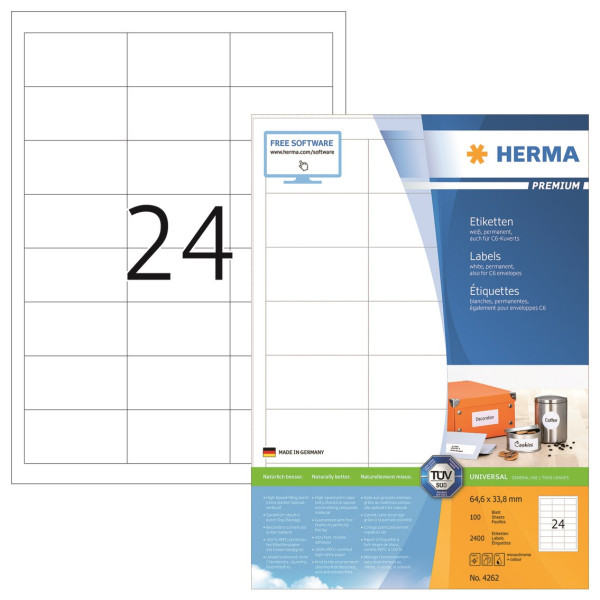 Herma Etiketter A4 | 64,6 x 33,8mm | Herma Premium 4262 | 2.400st 4262 238466 - 2