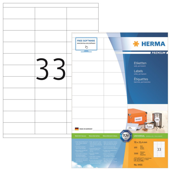Herma Etiketter A4 | 70 x 25,4mm | Herma Premium 4455 | 3.300st 4455 238359 - 2