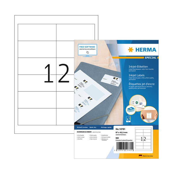 Etiketter Inkjet A4 | 97 x 42,3mm | Herma 10781 | vit | 960st 230826 - 1