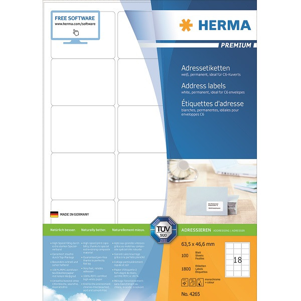 Herma Etiketter Premium A4 | 63,5 x 46,6mm | Herma 4265 | 100st 4265 238465 - 1