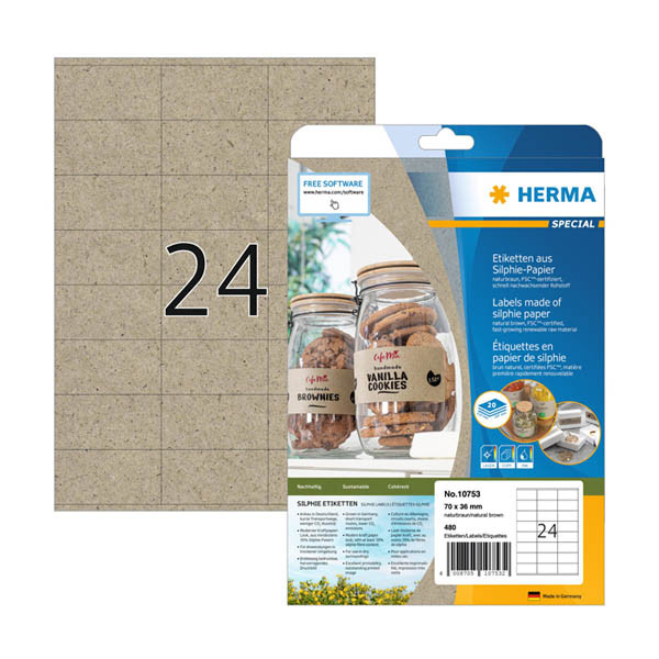 Etiketter av silphium papper A4 | 70 x 36mm | Herma 10753 | naturbrun | 480st 230848 - 1