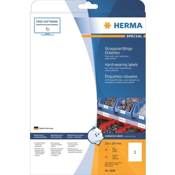 Herma Etiketter extra tåliga A4 | 210mm x 297mm | Herma 4698 | 25st 4698 238351 - 1