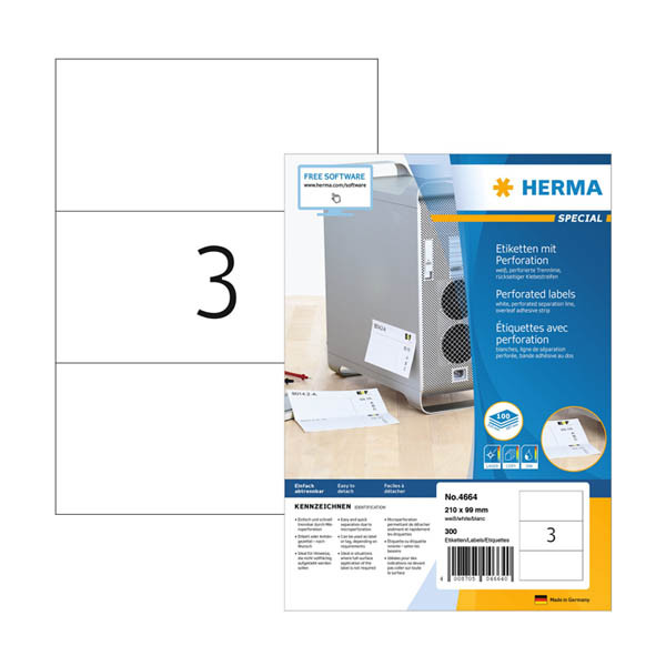 Etiketter med perforering | 210 x 99mm | Herma 4664 | vit | 300st 230827 - 1