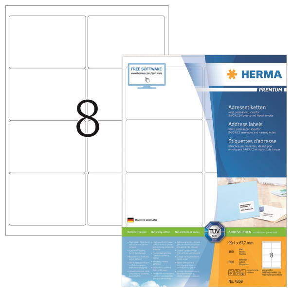 Fraktetiketter A4 | 99,1 x 67,7mm | Herma Premium 4269 | 800st 238350 - 2