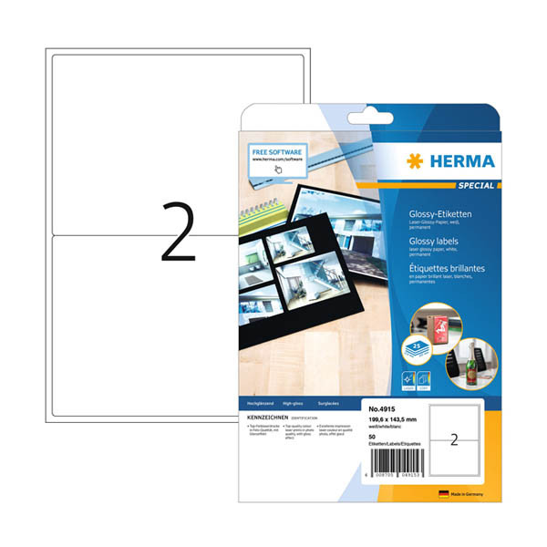 Glansiga etiketter A4 | 199,6 x 143,5mm | Herma 4915 | vit | 50st 230864 - 1