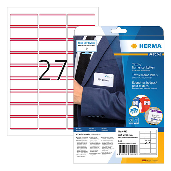 Namnetiketter avtagbara A4 | 63,5 x 29,6mm | Herma 4512 | vit/röd | 540st 230804 - 1