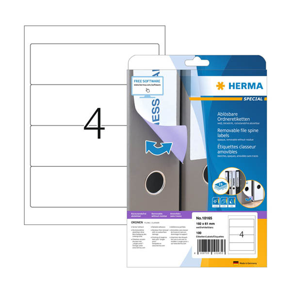 Pärmetiketter avtagbara A4 | 61 x 192mm | Herma 10165 | vit | 100st 230872 - 1