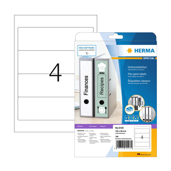 Pärmetiketter permanenta A4 | 59 x 192mm | Herma 5123 | vit | 100st 230877 - 1