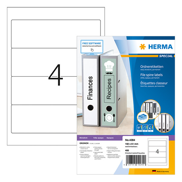 Herma Pärmetiketter självhäftande 192 x 61mm | Herma Premium 4284 | vit | 400st 4284 230472 - 1