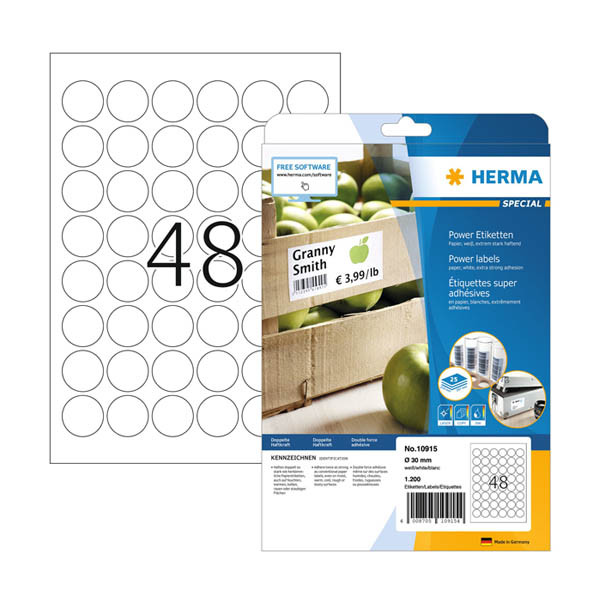 Power etiketter extra starka A4 | Ø30mm | Herma 10915 | vit rund | 1.200st 230895 - 1