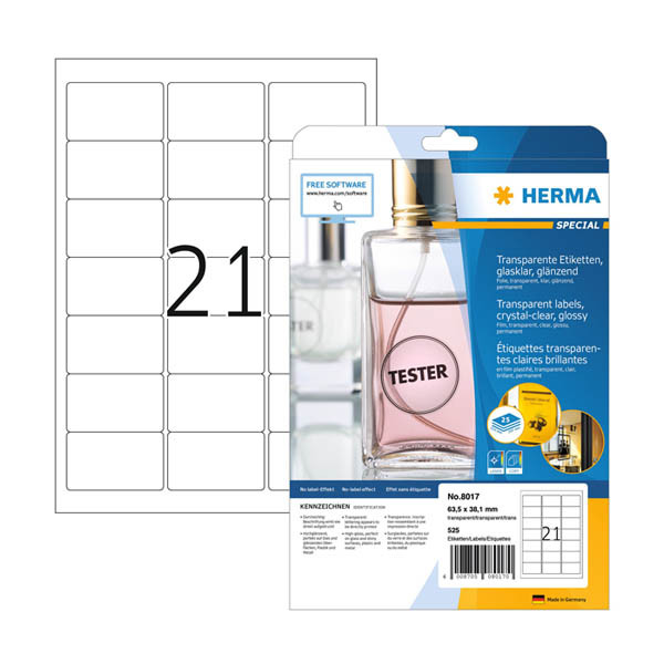 Transparenta etiketter A4 | 63,5 x 38,1mm | Herma 8017 | 525st 230860 - 1