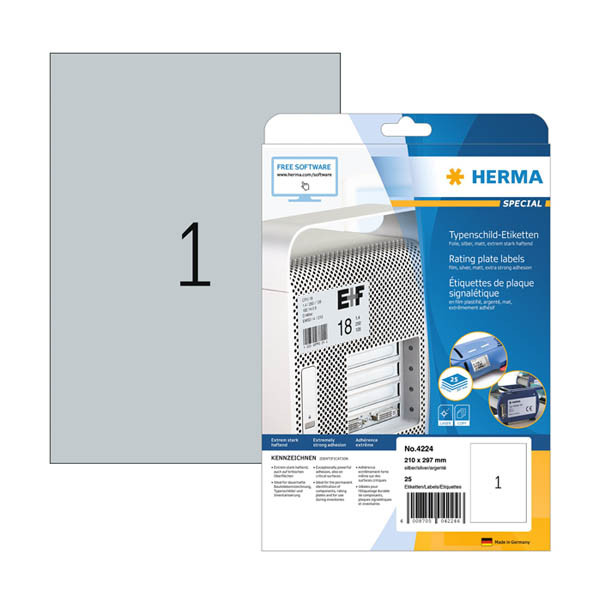 Typskyltsetiketter A4 | 210 x 297mm | Herma 4224 | silver | 25st 230917 - 1