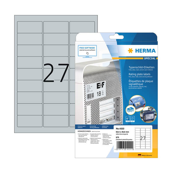 Typskyltsetiketter A4 | 63,5 x 29,6mm | Herma 4222 | silver | 675st 230918 - 1