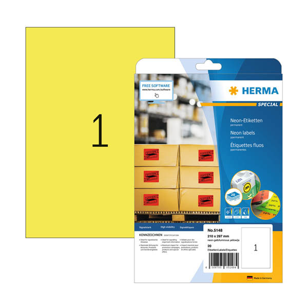 Universaletiketter A4 | 210 x 297mm | Herma 5148 | neongul | 20st 230867 - 1