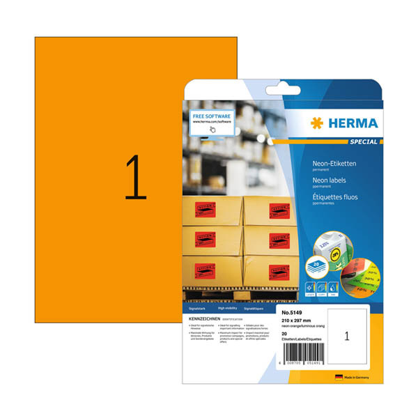 Universaletiketter A4 | 210 x 297mm | Herma 5149 | neonorange | 20st 230868 - 1