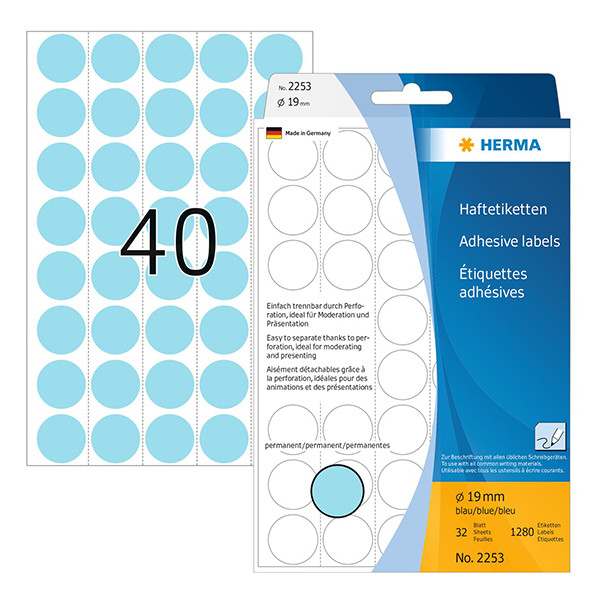 Universaletiketter runda A4 | Ø19mm | Herma 2230 | blå | 1.280st 230706 - 1