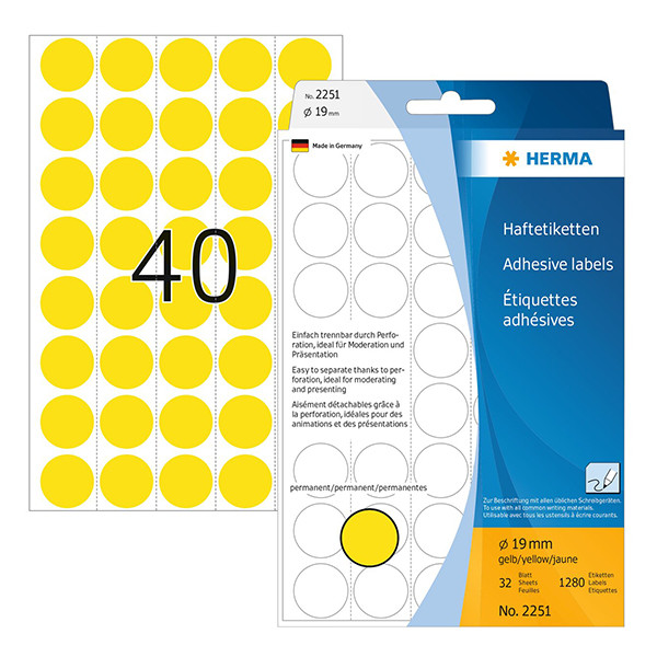 Universaletiketter runda A4 | Ø19mm | Herma 2230 | gul | 1.280st 230707 - 1