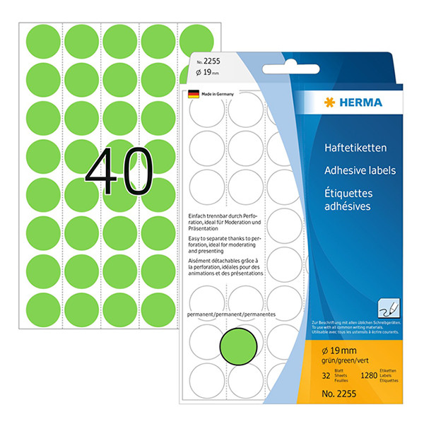 Universaletiketter runda A4 | Ø19mm | Herma 2255 | grön | 1.280st 230708 - 1