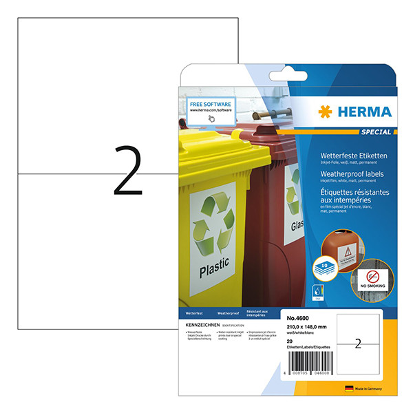 Väderbeständiga folieetiketter A4 | 210 x 148mm | Herma 4600 | vit | 20st 230762 - 1