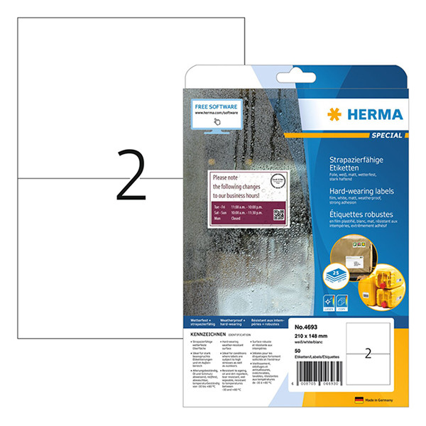 Väderbeständiga folieetiketter A4 | 210 x 148mm | Herma 4693 | vit | 100st 230752 - 1