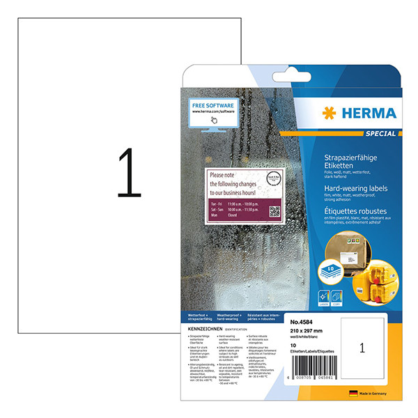 Väderbeständiga folieetiketter A4 | 210 x 297mm | Herma 4584 | vit | 10st 230748 - 1