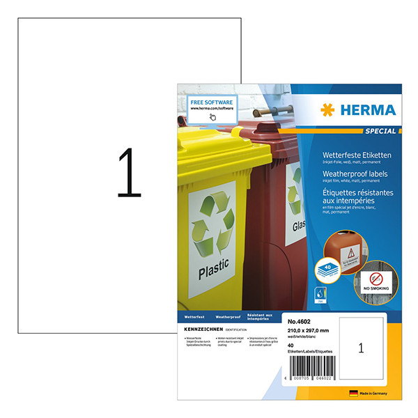 Väderbeständiga folieetiketter A4 | 210 x 297mm | Herma 4602 | vit | 40st 230744 - 1