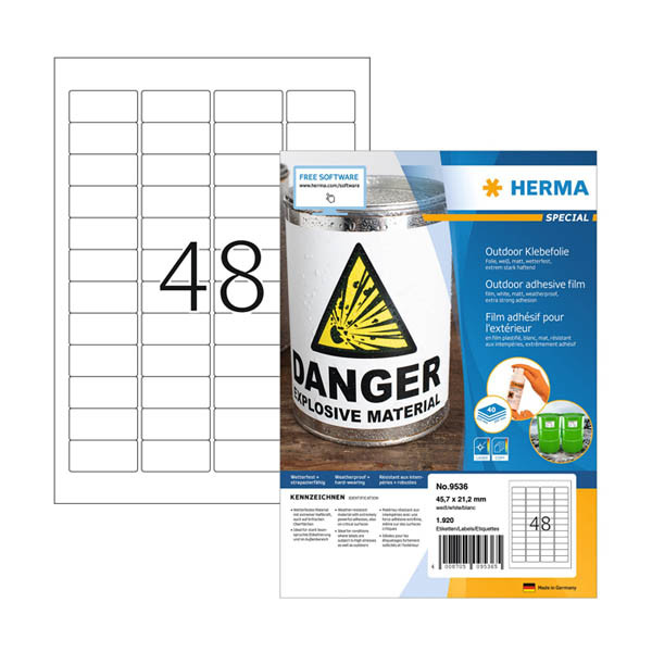 Väderbeständiga folieetiketter A4 | 45,7 x 21,2mm | Herma 9536 | vit | 1.920st 230885 - 1
