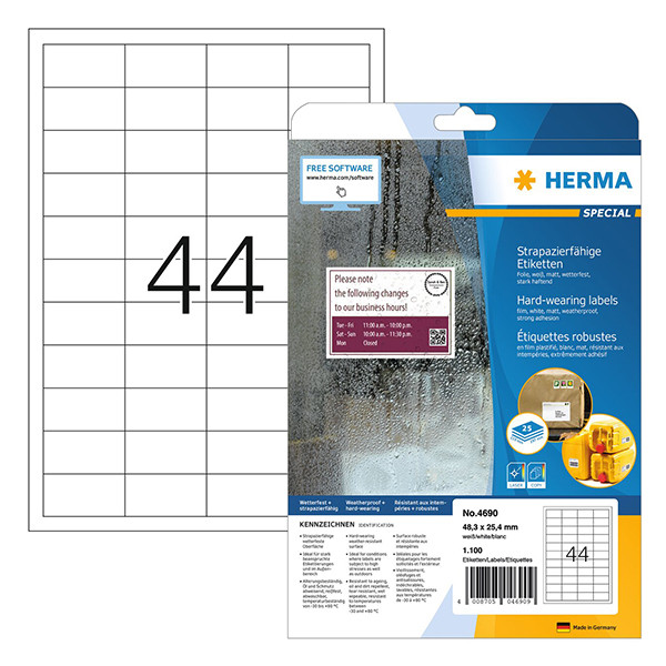 Väderbeständiga folieetiketter A4 | 48,3 x 25,4mm | Herma 4690 | vit  | 1.100st 230756 - 1