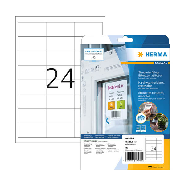 Väderbeständiga folieetiketter A4 | 66 x 33,8mm | Herma 4573 | vit | 480st 230854 - 1