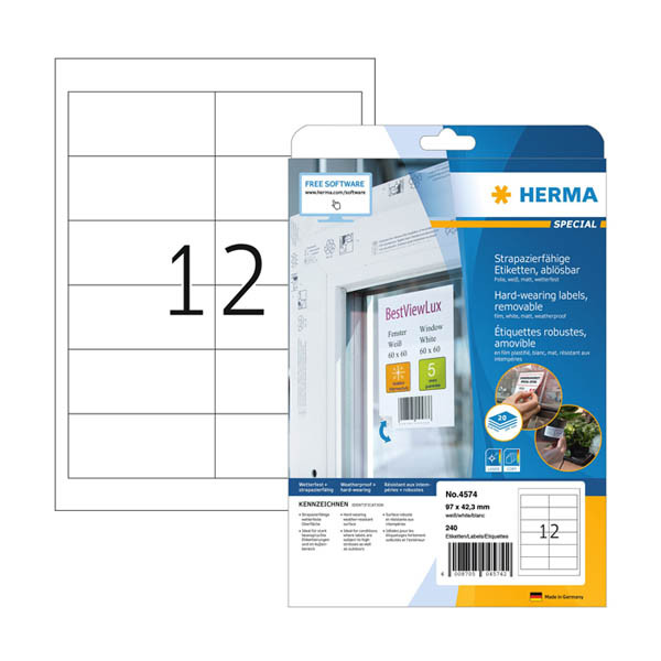 Väderbeständiga folieetiketter A4 | 97 x 42,3mm | Herma 4574 | vit | 240st 230855 - 1