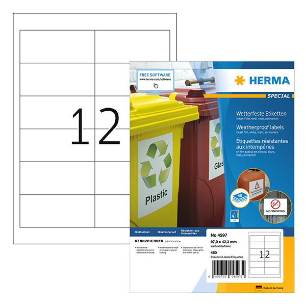 Väderbeständiga folieetiketter A4 | 97 x 42,3mm | Herma 4597 | vit | 480st 230746 - 1