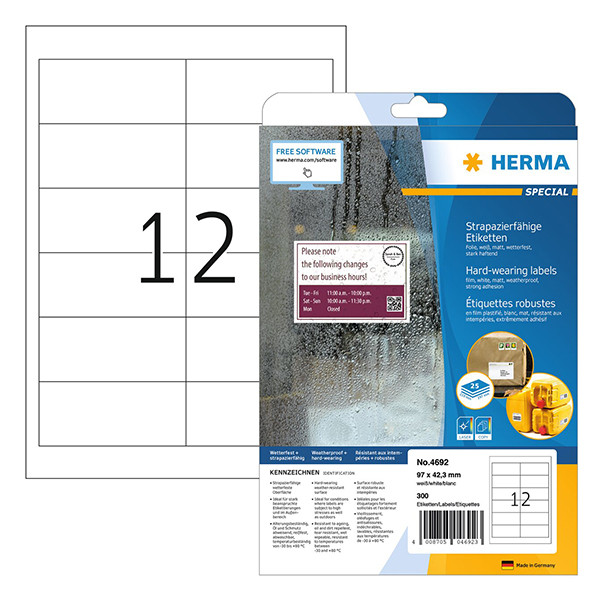 Väderbeständiga folieetiketter A4 | 97 x 42,3mm | Herma 4692 | vit | 300st 230758 - 1