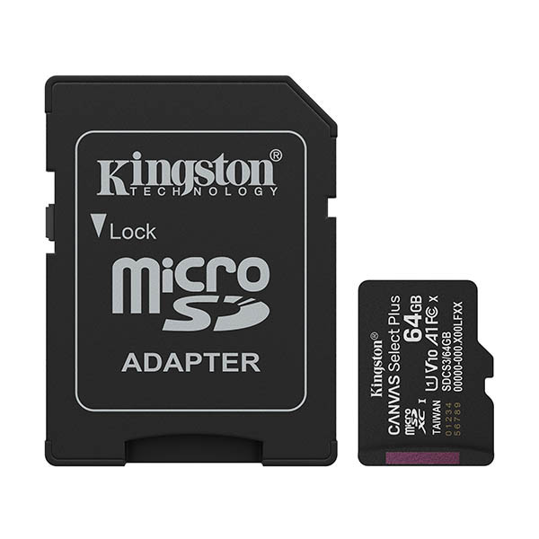 Micro SDXC minneskort + adapter 64GB | Klass 10 | Kingston Canvas Select Plus Gen3 255008 - 1