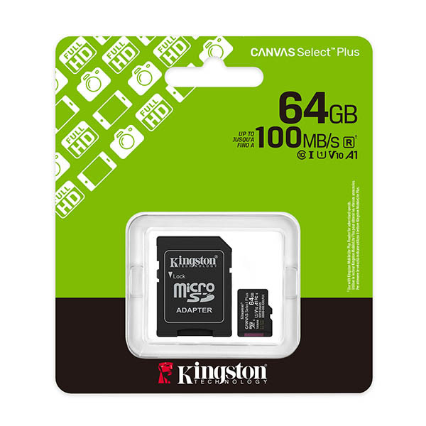 Micro SDXC minneskort + adapter 64GB | Klass 10 | Kingston Canvas Select Plus Gen3 255008 - 2